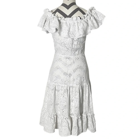 Isolda Eyelet Dress Size Small 4 Off The Shoulder Ruffled White Midi Lace Flare - Picture 3 of 15